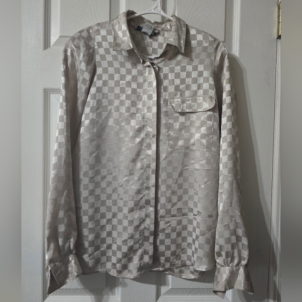 Vintage Satin Grid Pattern Button Down Blouse by Argenti, Neutral, Sz 8, EUC!